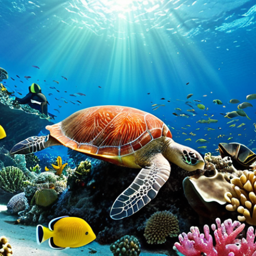 Home 4 **Image Prompt:** "A vibrant coral reef ecosystem teeming with diverse marine life, including colorful fish, sea turtles, and coral formations. The scene should depict the interconnectedness of the marine ecosystem, emphasizing ecological balance. The water is crystal clear."