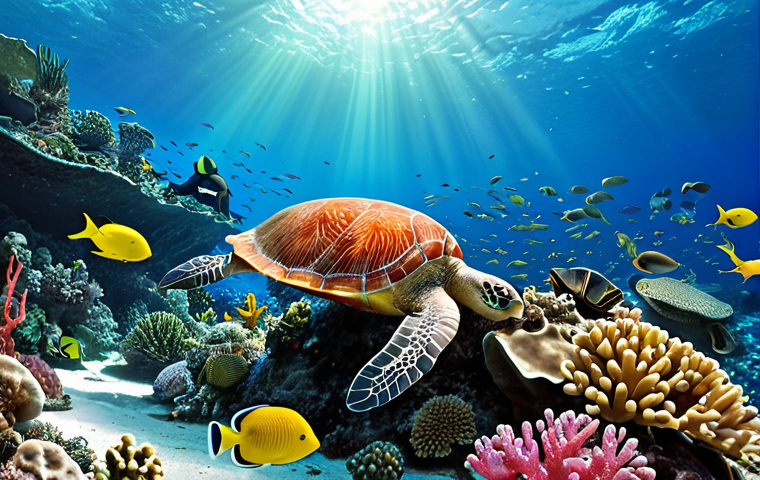 **Image Prompt:** "A vibrant coral reef ecosystem teeming with diverse marine life, including colorful fish, sea turtles, and coral formations. The scene should depict the interconnectedness of the marine ecosystem, emphasizing ecological balance. The water is crystal clear."